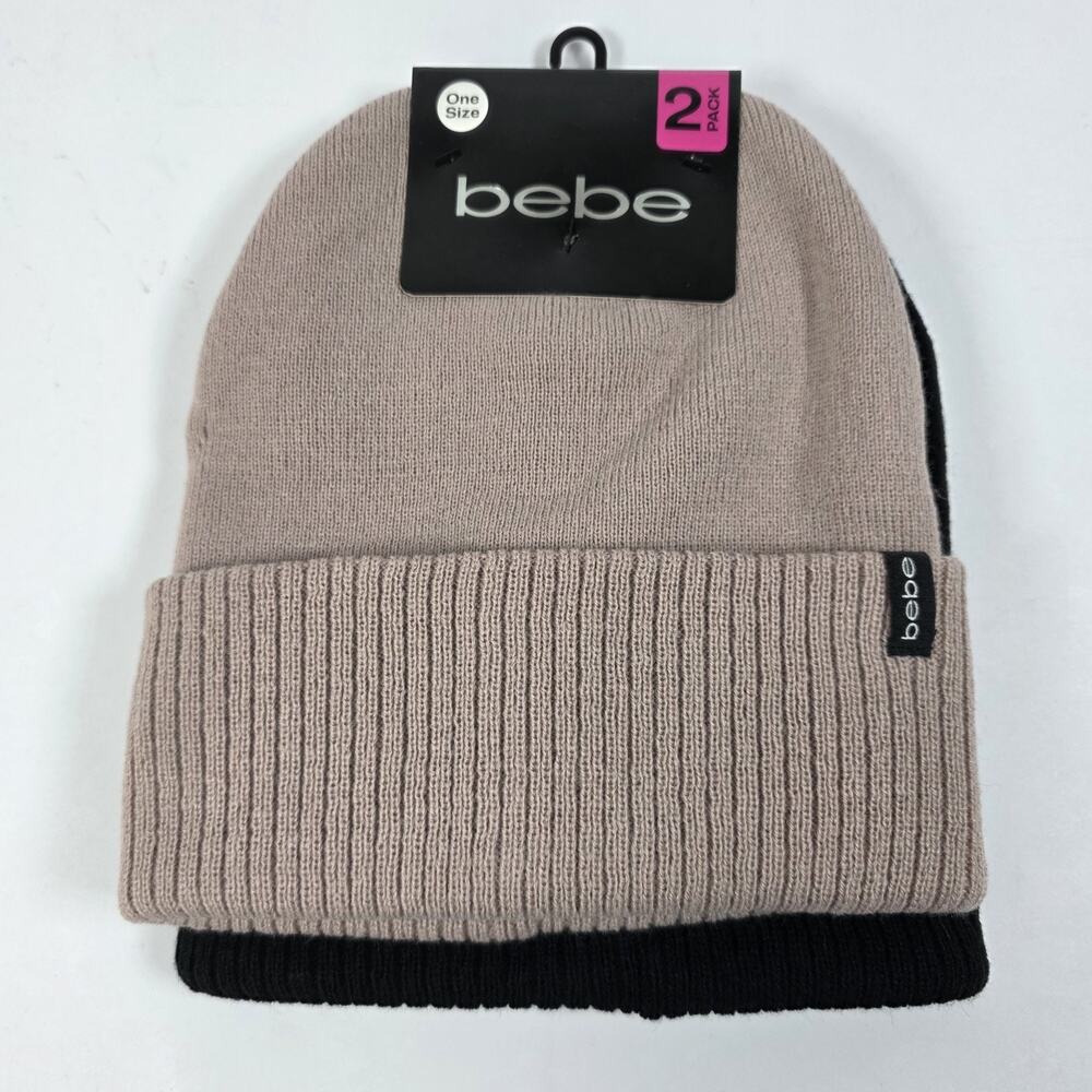 Bebe 2 Pack Knit Beanie Hats One Size Beige & Black Winter Cap NEW